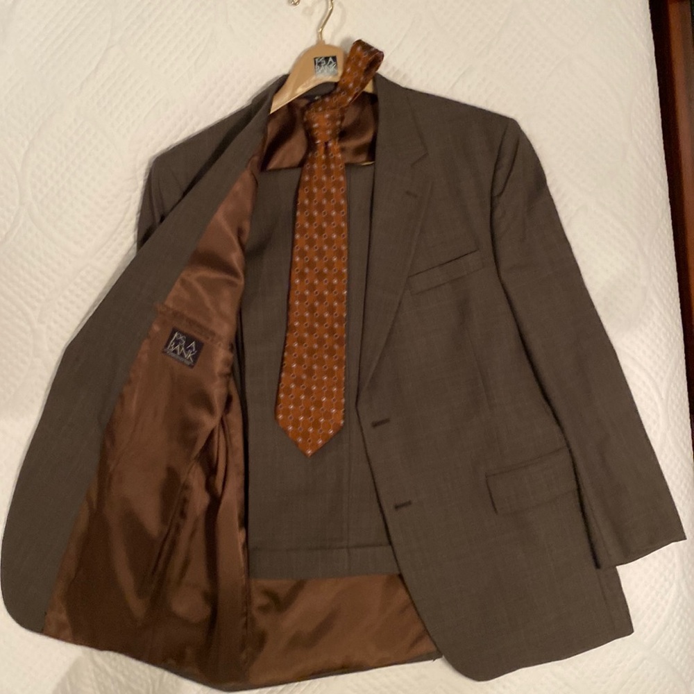 Jos. A. Bank brown plaid suit with tie.